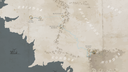 Custom fantasy map: a parchment-style world with named regions, rivers and route markers.