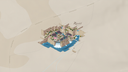 Isometric fantasy town rendered in 3D on an aged-parchment base, with a waterfall and river.