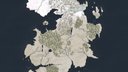 Hand-drawn fantasy continent map with mountain ranges, forests and coastlines on a dark sea.