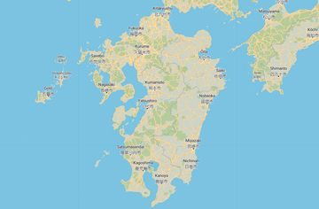 A map of the Kyushu region with English place labels.