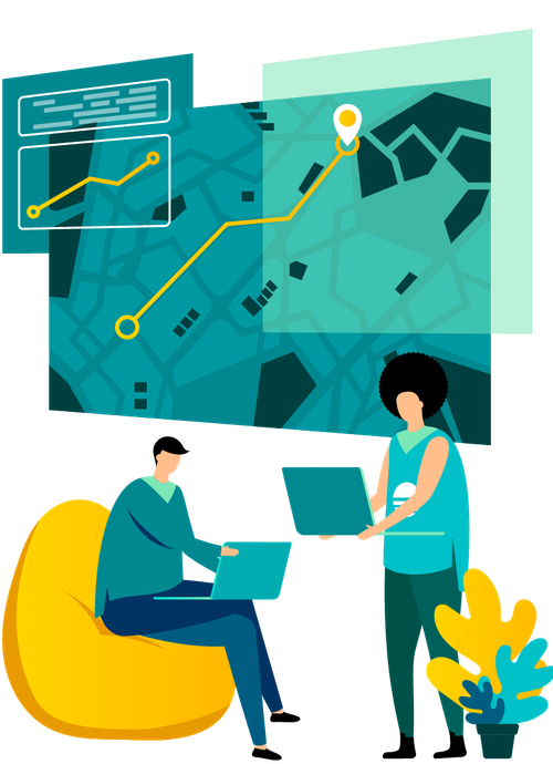 Illustration of two people collaborating over a map on screen, plotting a route.