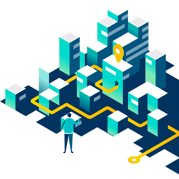 Isometric illustration of a mapper plotting a route through a stylised city.