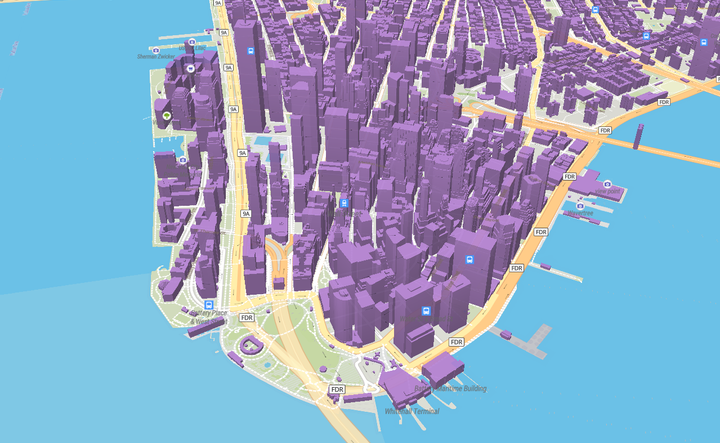 City map rendered with 3D extruded buildings in a custom purple colour scheme.