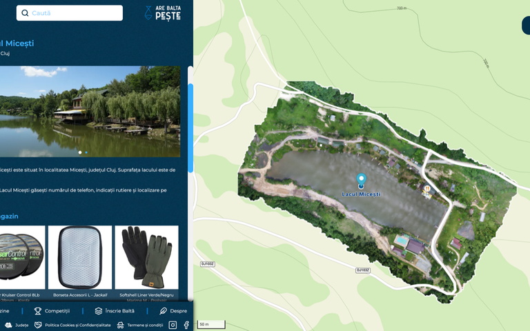 AreBaltaPește platform showing the Lacul Micești fishing-lake detail panel beside a map with integrated custom drone imagery of the lake.