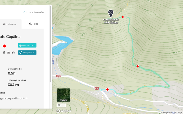 VisitCugir trail map showing a georeferenced running route near Căpâlna with a route-details panel and satellite/3D view controls.