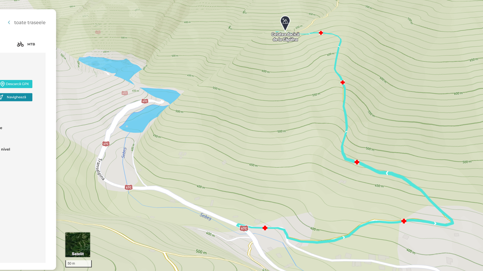 Custom hiking app: a topographic trail map with a highlighted route and a route-details sidebar.